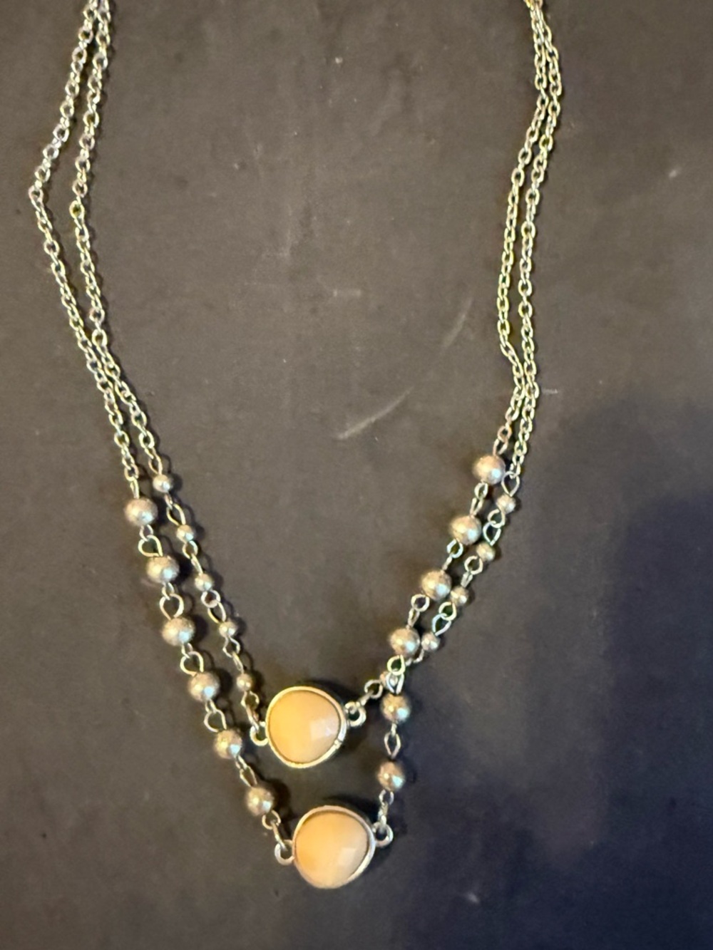 Double Strand Silver Necklace with Tan Stones - Women Jewelry
